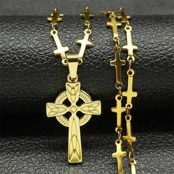 Celtic Knot Irish Cross Chain Necklace for Women Men 14K Yellow Gold Lucky Amulet Pendant Necklaces Jewelry
