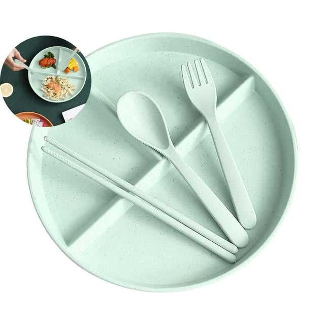 Dvruxg 3-Compartment Divided Tableware Set – Microwave Safe Fiber Plate with Spoon, Fork & Chopsticks – Meal Tray