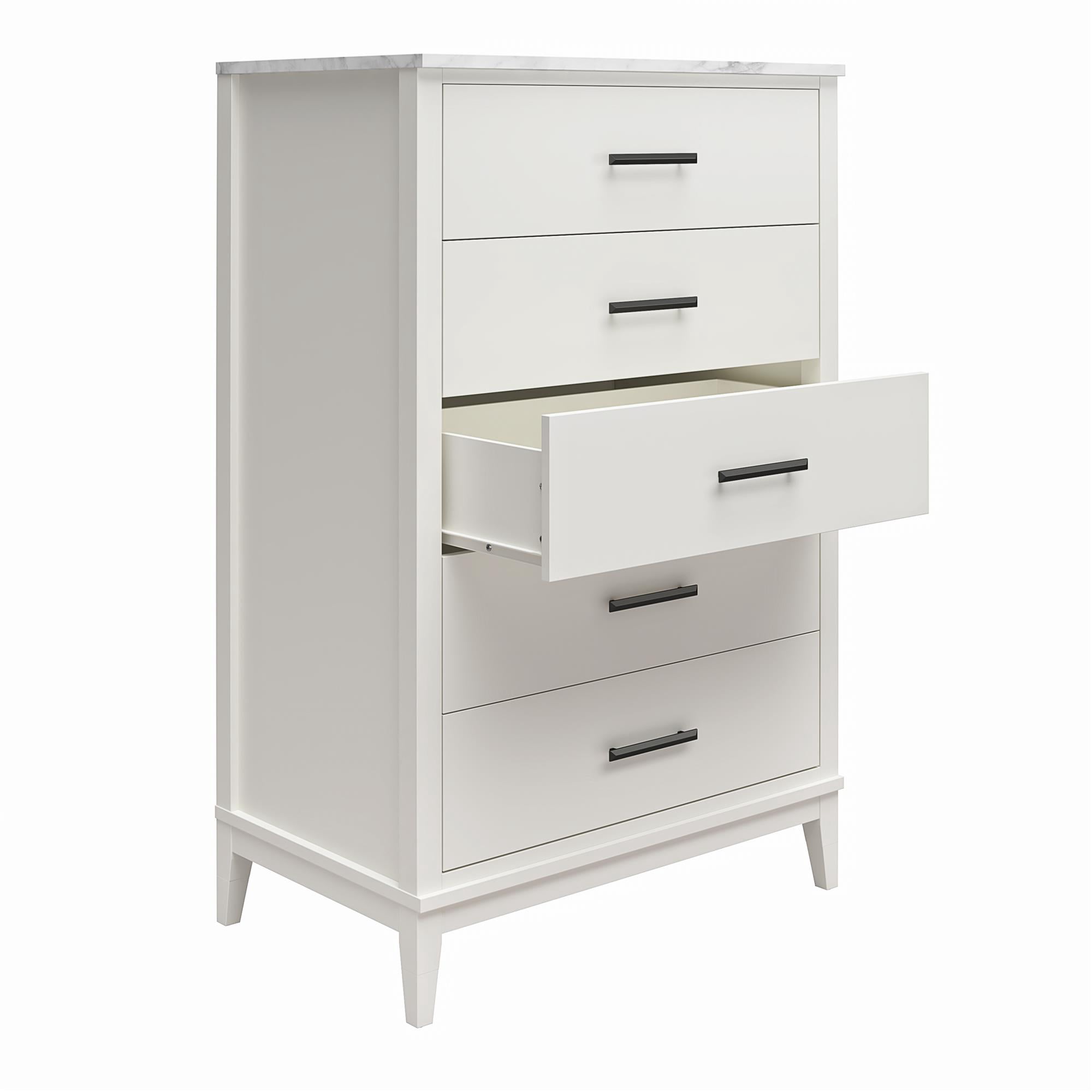Ameriwood Home Amberleigh Tall 5 Drawer Dresser, White w/ White Faux Marble Top