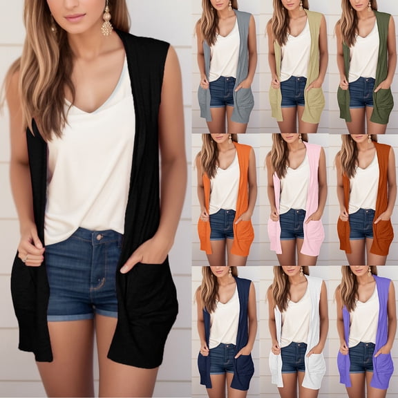 CAIXIA Sleeveless Cardigans for Women Summer Lightweight Casual Open Front Irregular Hem Long Vest with Pockets
