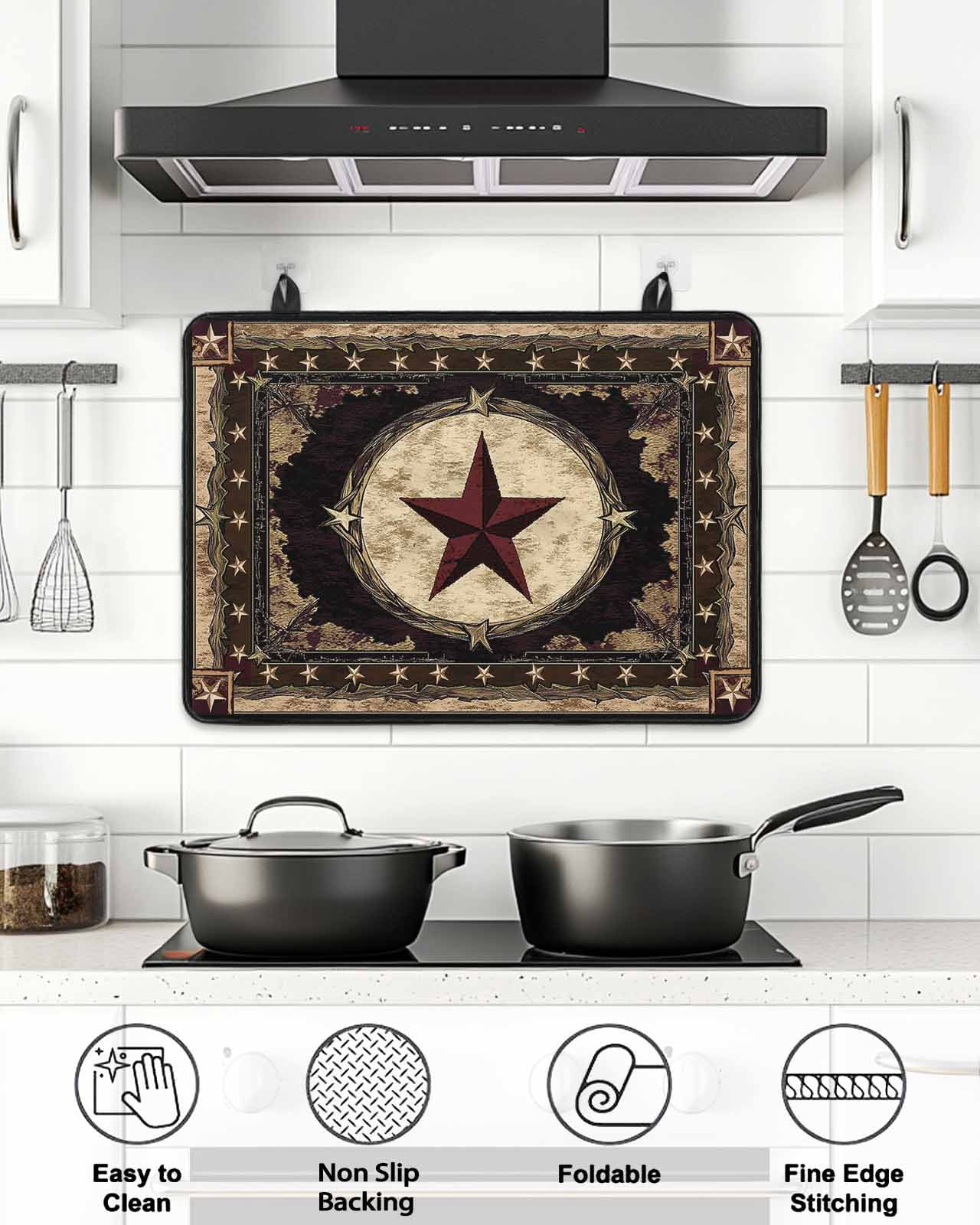 Stove Top Covers for Electric Stove, Western Stars Brown Glass Stovetop Cover Protector, Farmhouse Country Vintage Wood Grain Induction Cooktop Protector Oven Mat for Kitchen Countertop 24"x21"