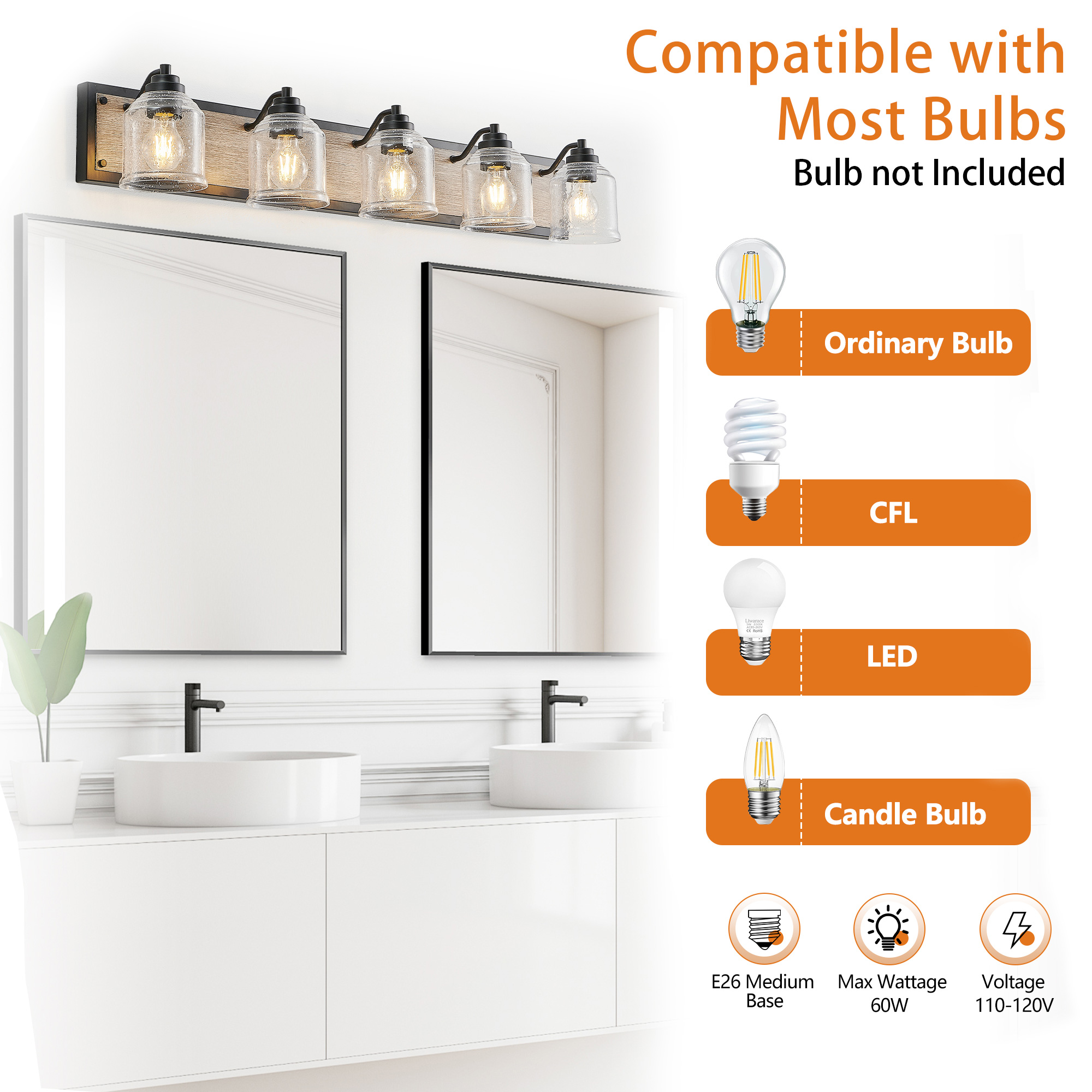 Glare-Free Design 40-inch 5-Light Black LED Bathroom Light for Vanity Mirror
