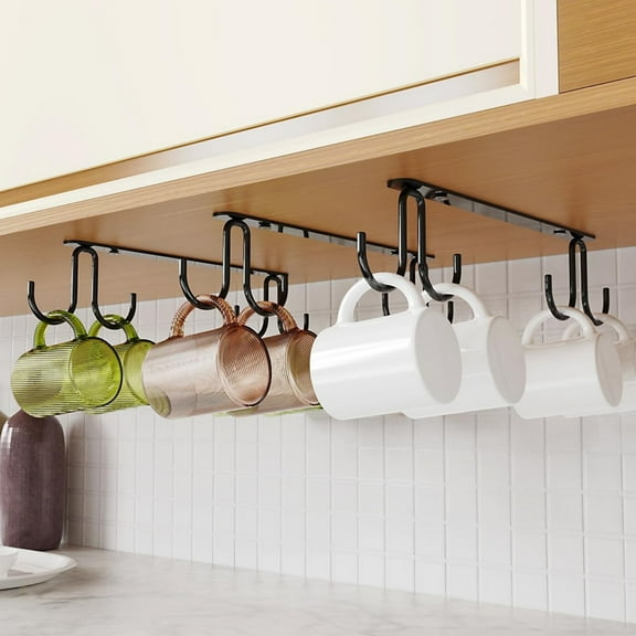 Mug Hooks Under Cabinet 3 Pack, Metal Cup Hooks for Hanging Under Shelf, Mug Organizer Rack with 12 Hooks for Displaying Mugs, Coffee Cups and Kitchen Utensils, Black