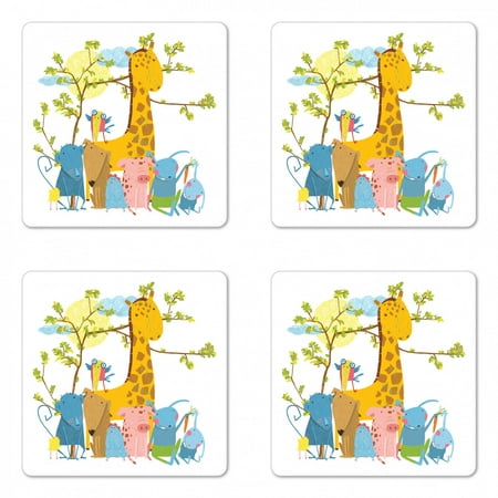 

Nursery Coaster Set of 4 Zoo Animals Sitting Under a Tree Cartoon Style Giraffe Pig Bunny Monkey and Hen Square Hardboard Gloss Coasters Standard Size Multicolor by Ambesonne