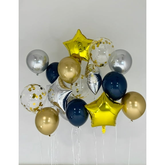 Sweet Moon 16 Piece Star Foil and Latex Balloons Bouquet - Baby Shower, Birthday, Gender Reveal, Eid, and Ramadan Party Decoration (Navy Blue)