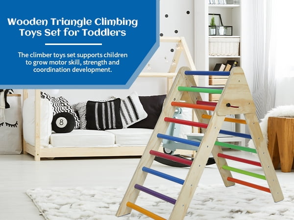 Multicolor Wooden Foldable Climbing Triangle Ladder, Montessori Pikler Play Gym, Adjustable Toddler Climber Indoor Play Structure for Kids 1-7 Years