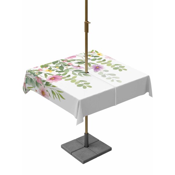 Outdoor Tablecloth with Umbrella Hole for Patio/Picnic/Party/Camping, Pink Green Spring Waterproof Table Cloth Square Cover Washable, Floral Eucalyptus Leaves Watercolor Plant (54"x 54")