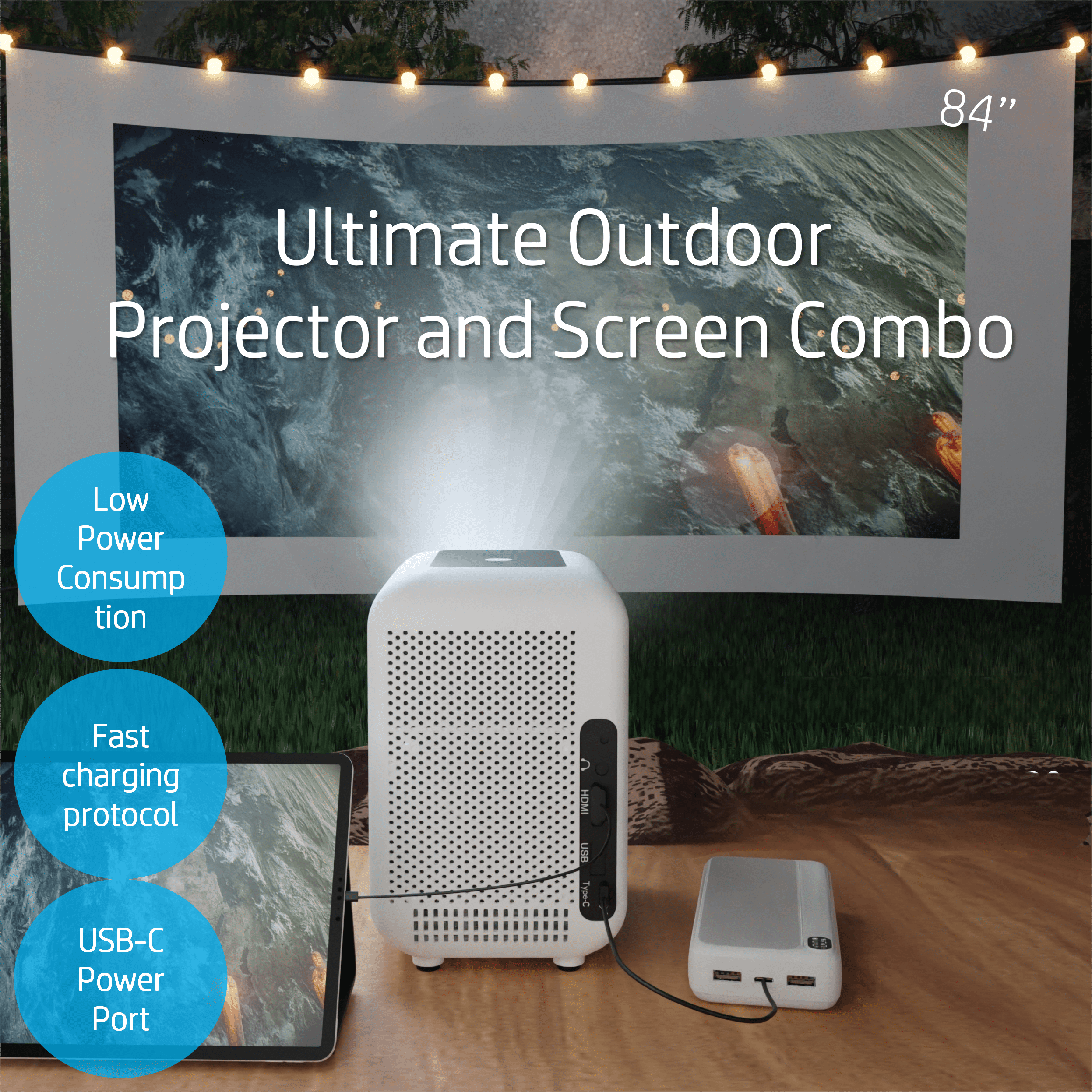 HP CC180W Promo 2in1 Mobile HD Projector - Wireless Projection (iOS/Android), Bluetooth Out, HDMI *1, Native HD Resolution, with  84" Screen