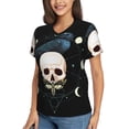 thumbnail image 2 of Women's V Neck T Shirts Casual Short Sleeve Tops Blouse, Black Raven Skull Moth Moon, 2 of 6