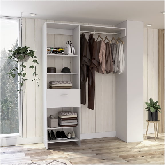 JERFIT White Freestanding Closet Organizer with 4 Shelves, 1 Drawer & Hanging Rod for Bedroom Storage