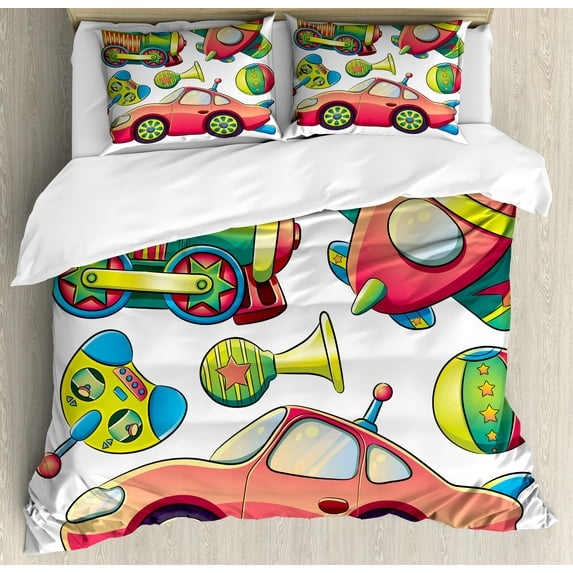 Kids Duvet Cover Set King Size, Funny Transportation Toys with Train Car Airplane Horn Balls Auto Tire Cartoon Design, Decorative 3 Piece Bedding Set with 2 Pillow Shams, Multicolor, by Ambesonne