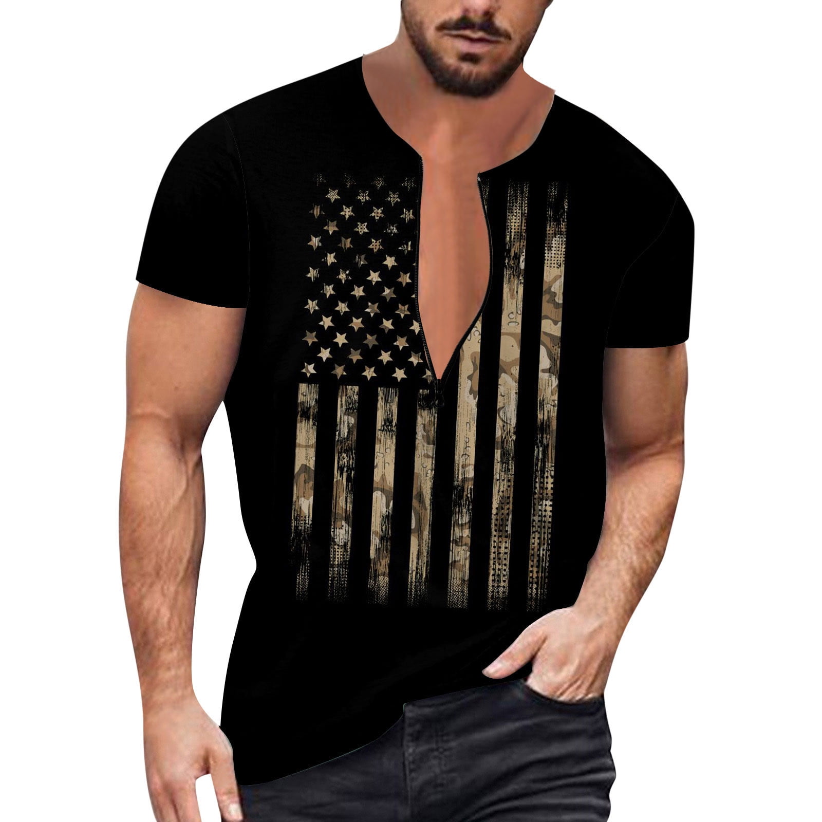 American Flag Workout Shirts for Men Digital 3D Printing Zipper Short