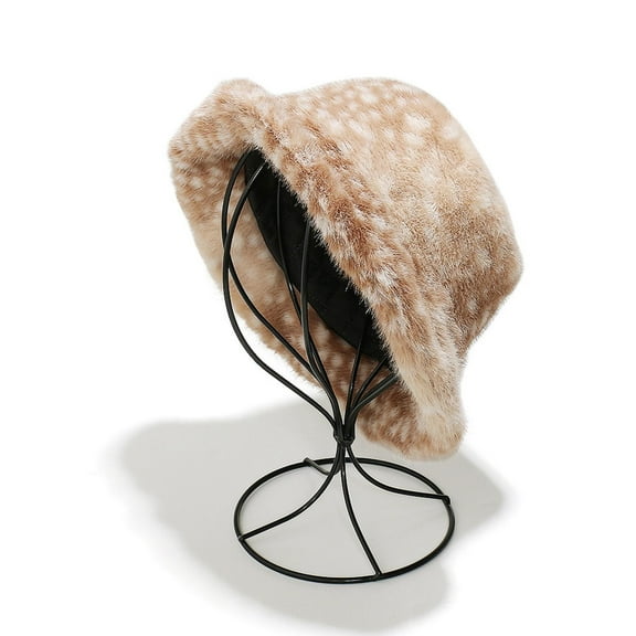 Roncen Women’s Faux Fur Bucket Hat, Winter Hat with Fawn Spot Print & Small Ears, Cozy Trapper Style