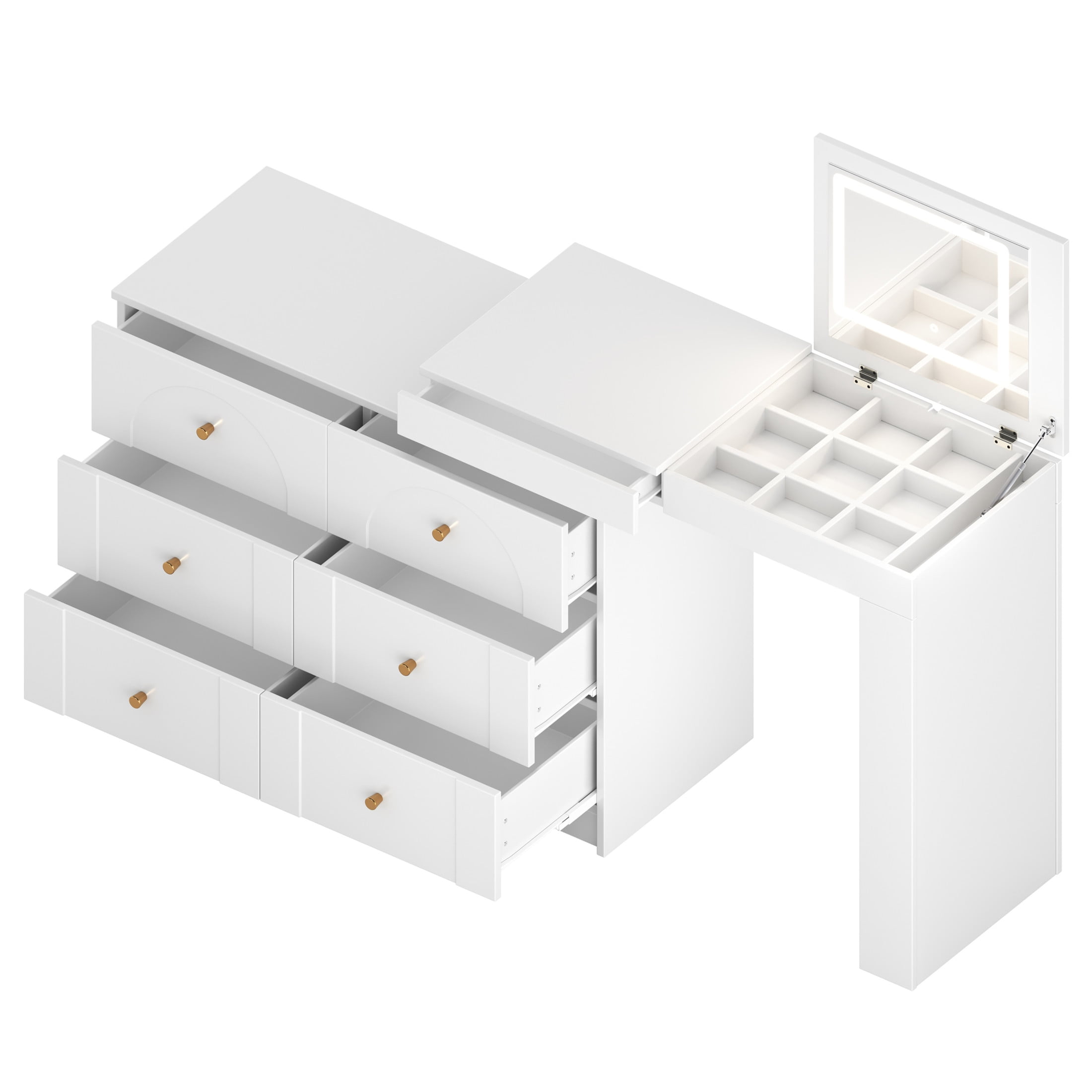 Noble House Vanity Desk with Mirror and Lights, Flip-Top Makeup Table with 7 Drawers, 9 Compartments,White