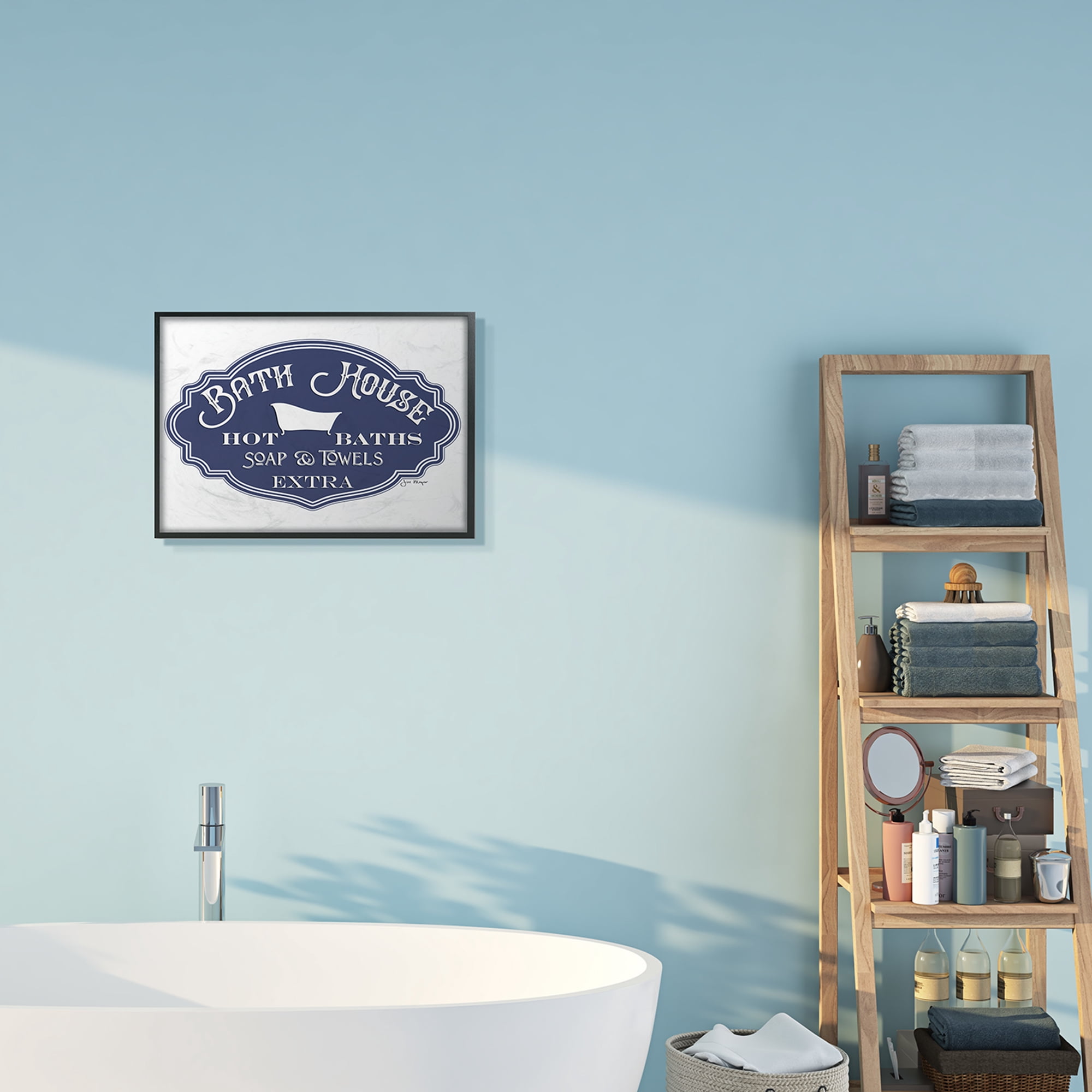 Stupell Industries Vintage Bath House Sign Minimal Blue White Typography Painting Black Framed Art Print Wall Art, 16 x 20