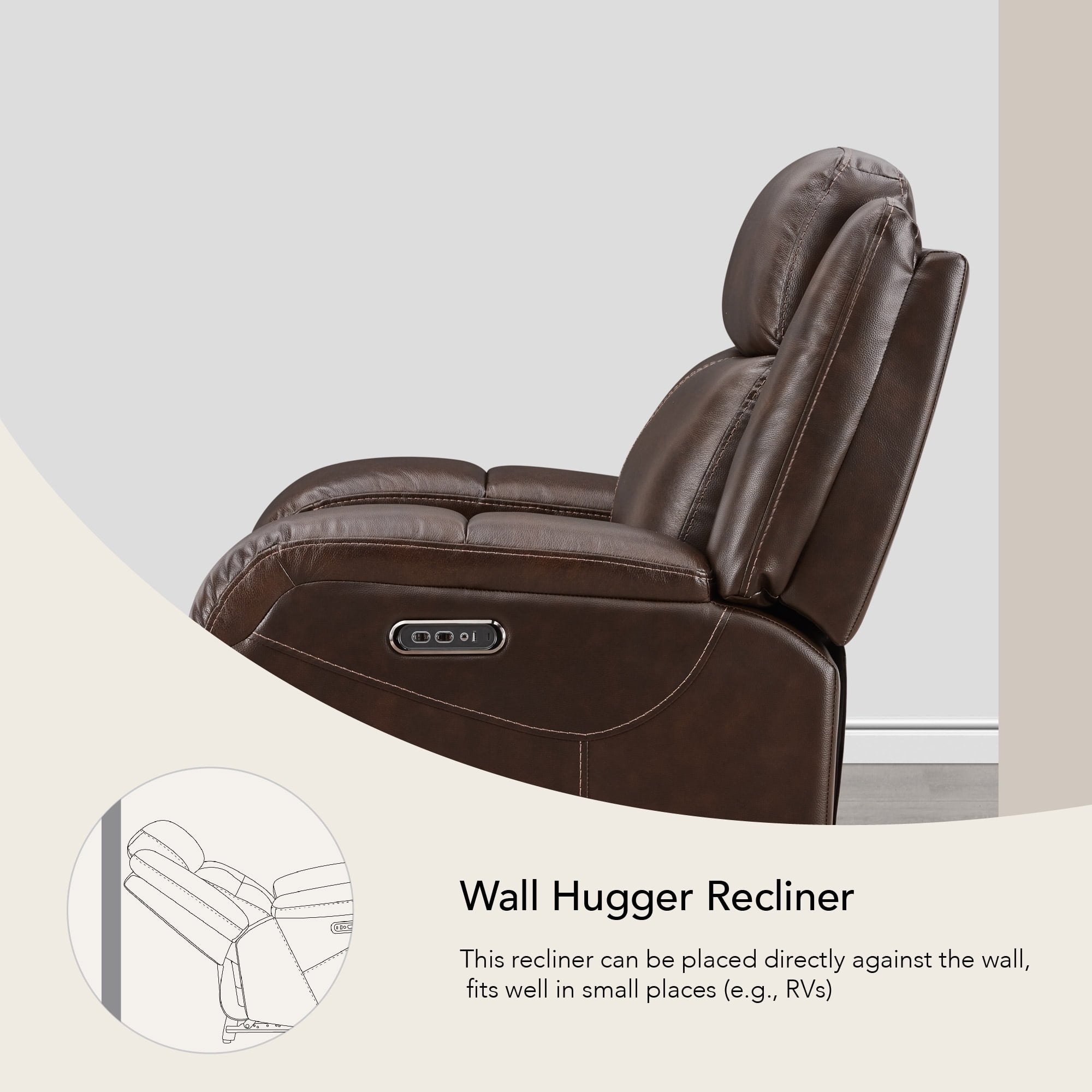 Spruce & Spring Genuine Leather Wall Hugger Power Recliner with Dual Motors, Brown-Medium