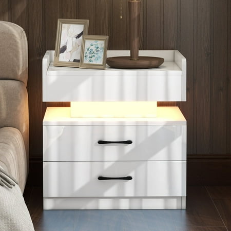 

Nightstand with 2 Drawers USB Charging Ports Wireless Charging and Remote Control LED Light-White