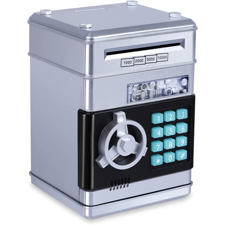Piggy Bank for Boys Electronic Coin Money Bank Toy for 3 4 5 6 7 8 9 10 Year Old Children, Mini ATM Cash Coin Saving Box for Birthday Gifts Kids Age 3-10, Sliver