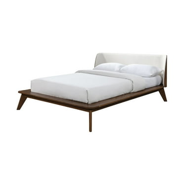 Benjara Linzy Queen Bed, Beige Boucle Upholstered Winged Edge, Brown Solid Wood