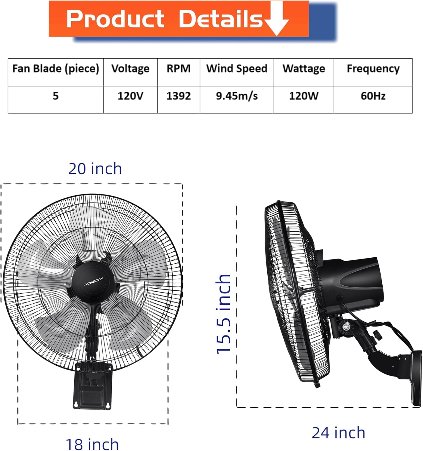 18-inch Indoor/Outdoor Black Wall Mount Fan for Household and Commercial Use, 5-Speed Settings, 90-Degree Horizontal Oscillation