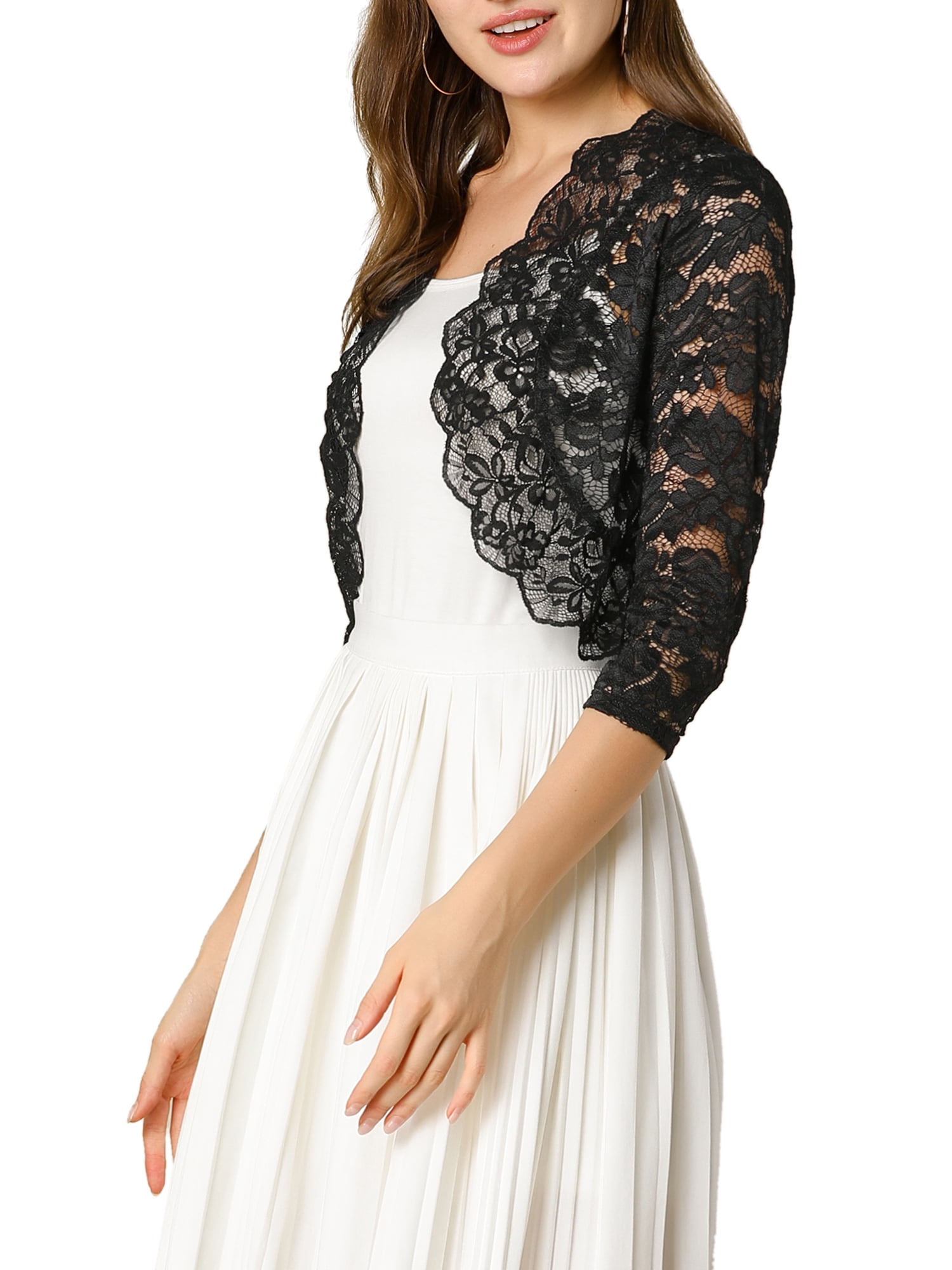 DARING DIVA 3/4 Sleeve Sheer Floral Lace Shrug Top XL Black
