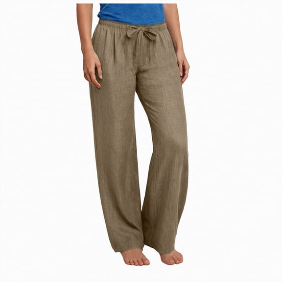 KPOPLK Baggy Straight Wide Leg Pants for Women with Pockets Ladies Cotton Linen Slacks Casual Solid Color Drawstring Elastic Waist Daily Trousers Size 8-9 Years,Brown