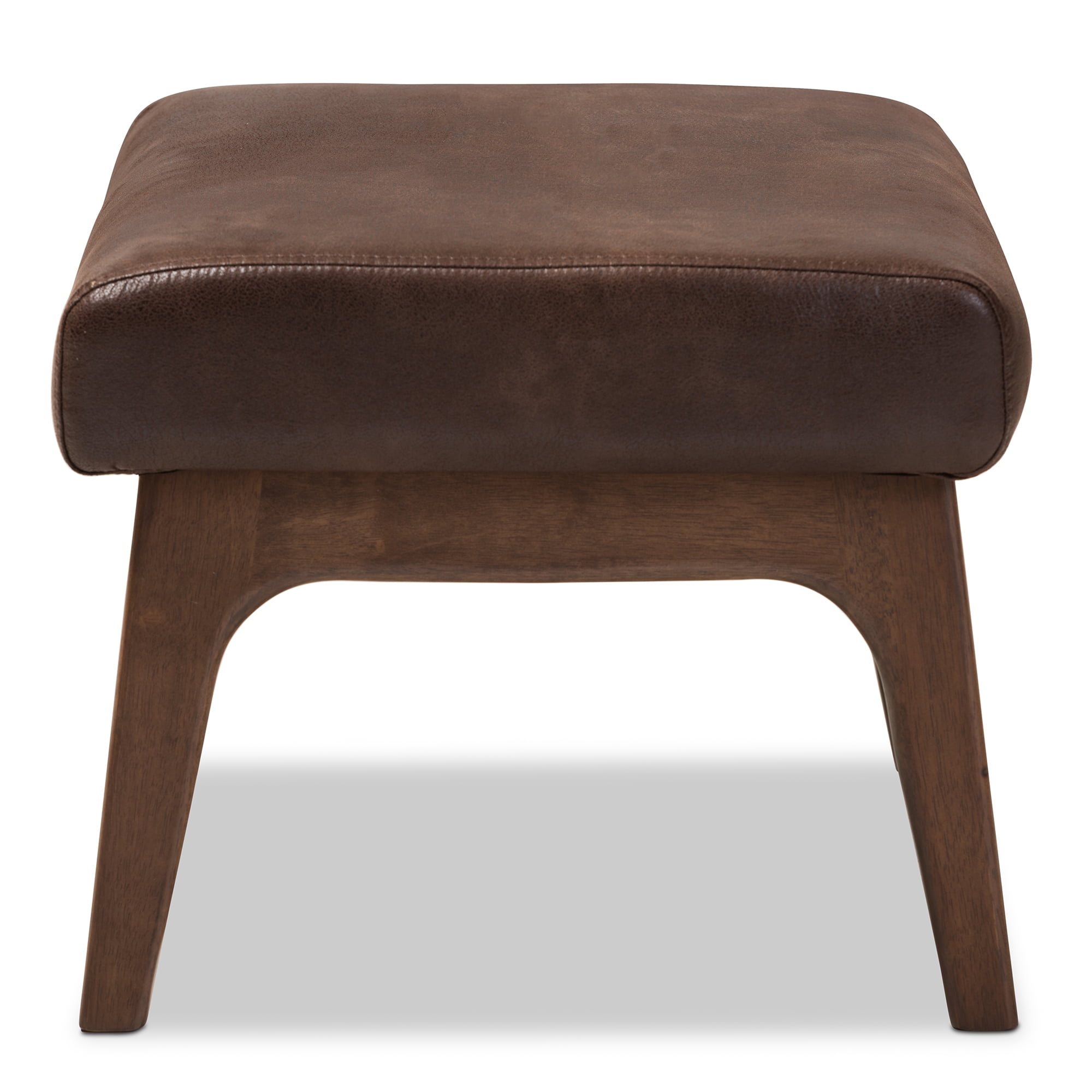 Bakari Mid-Century Modern Walnut Wood Dark Brown Distressed Faux Leather Ottoman by Bellamy Studios
