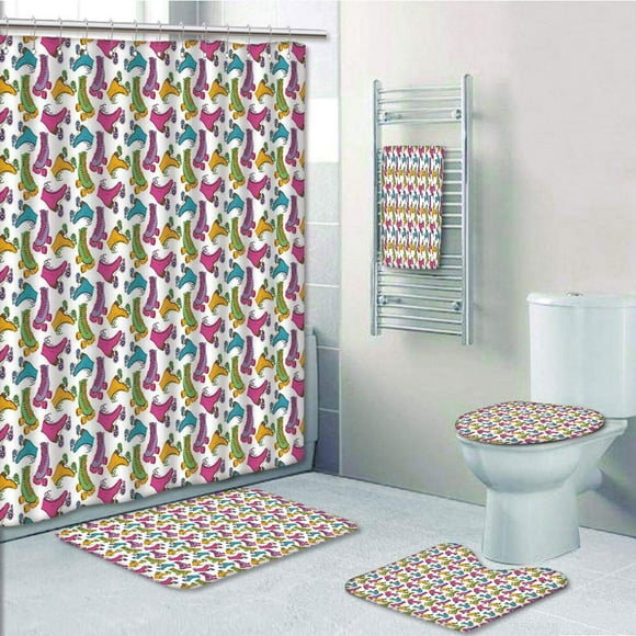 EREHome Retro Colorful Roller Skates in Vivid Tones Girls Sports Hobby 5 Piece Bathroom Set Shower Curtain Bath Towel Bath Rug Contour Mat and Toilet Lid Cover