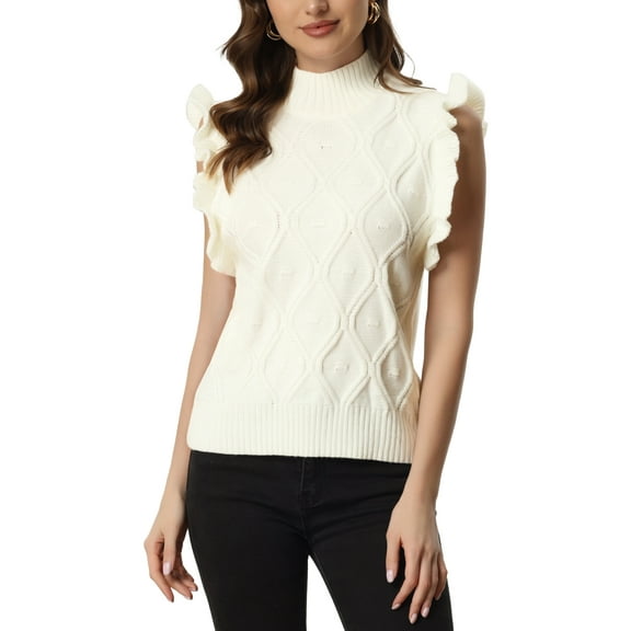 Unique Bargains Women's Ruffle Sleeve Solid Mock Neck Cable Knit Pullover Sweater