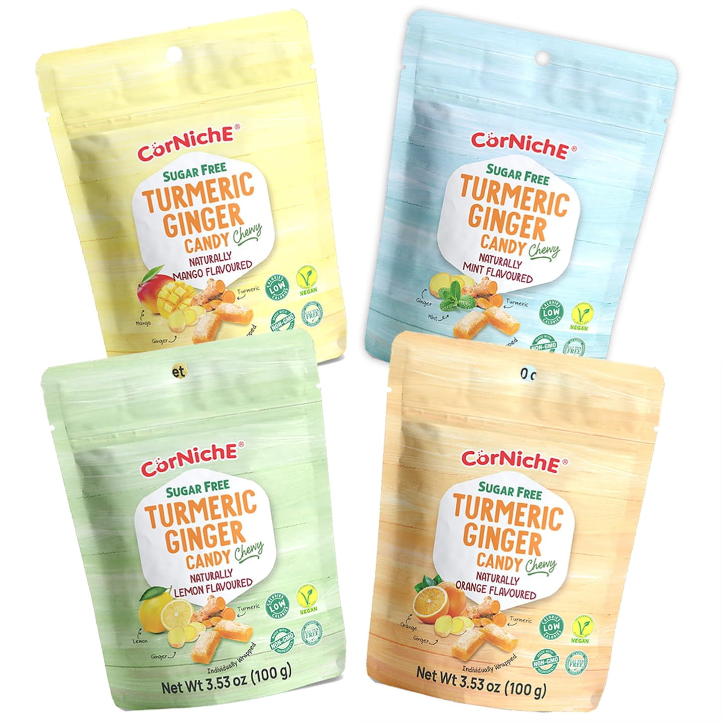 CORNICHE Sugar Free, Turmeric Ginger Candy Chewy Naturally Flavored, Ginger Sugar Free, Individually Wrapped Candy, NON-GMO, Low Calories, Vegan, Gluten Free (Pack of 6, Lemon)