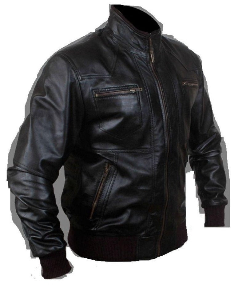 Noora Men's Lambskin Leather Black Bomber Jacket With Zipper & Pocket