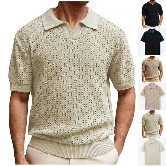 Hinvhai Mens Polo Shirts V-Neck Knit Polo Textured Summer Shirts Khaki XL(XL)