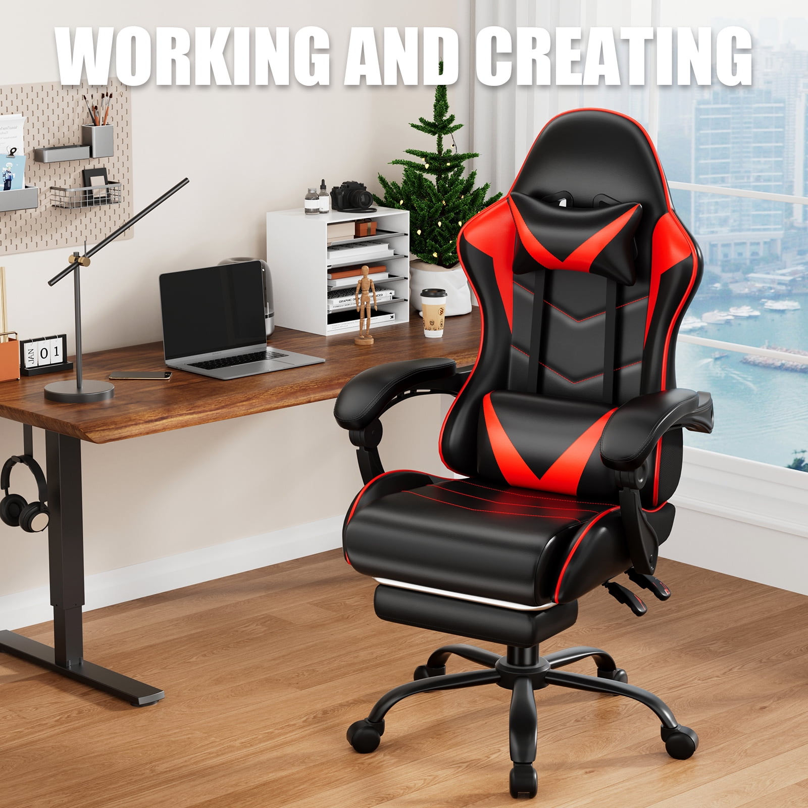 Czlolo Gaming Chair, Lumbar Massager Game Chairs, High Back Reclining, with Headrest Gamer Office Chair.(Red)