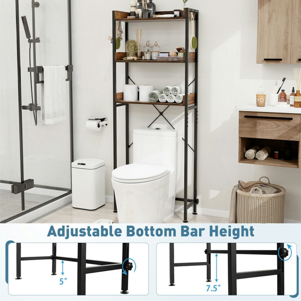 Finihen Toilet Storage Rack, Toilet Storage Shelf, Over The Toilet Storage Rack with Hooks and Adjustable Bottom Bar, for Bathroom, Rustic Brown