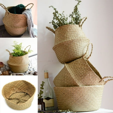 Large Natural and Woven Seagrass Tote Belly Basket for Storage, Laundry, Picnic, Plant Pot Cover, and Beach