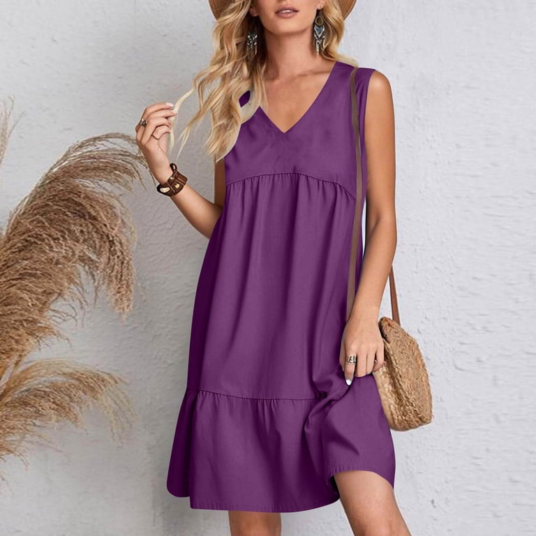 Casual Midi Dresses for Women Summer V-Neck Dress Solid Color Casual High  Waisted Sleeveless Dress Lightweight Summer Vacation Beach Fashion Comfy  Wear S-XXL - Walmart.com