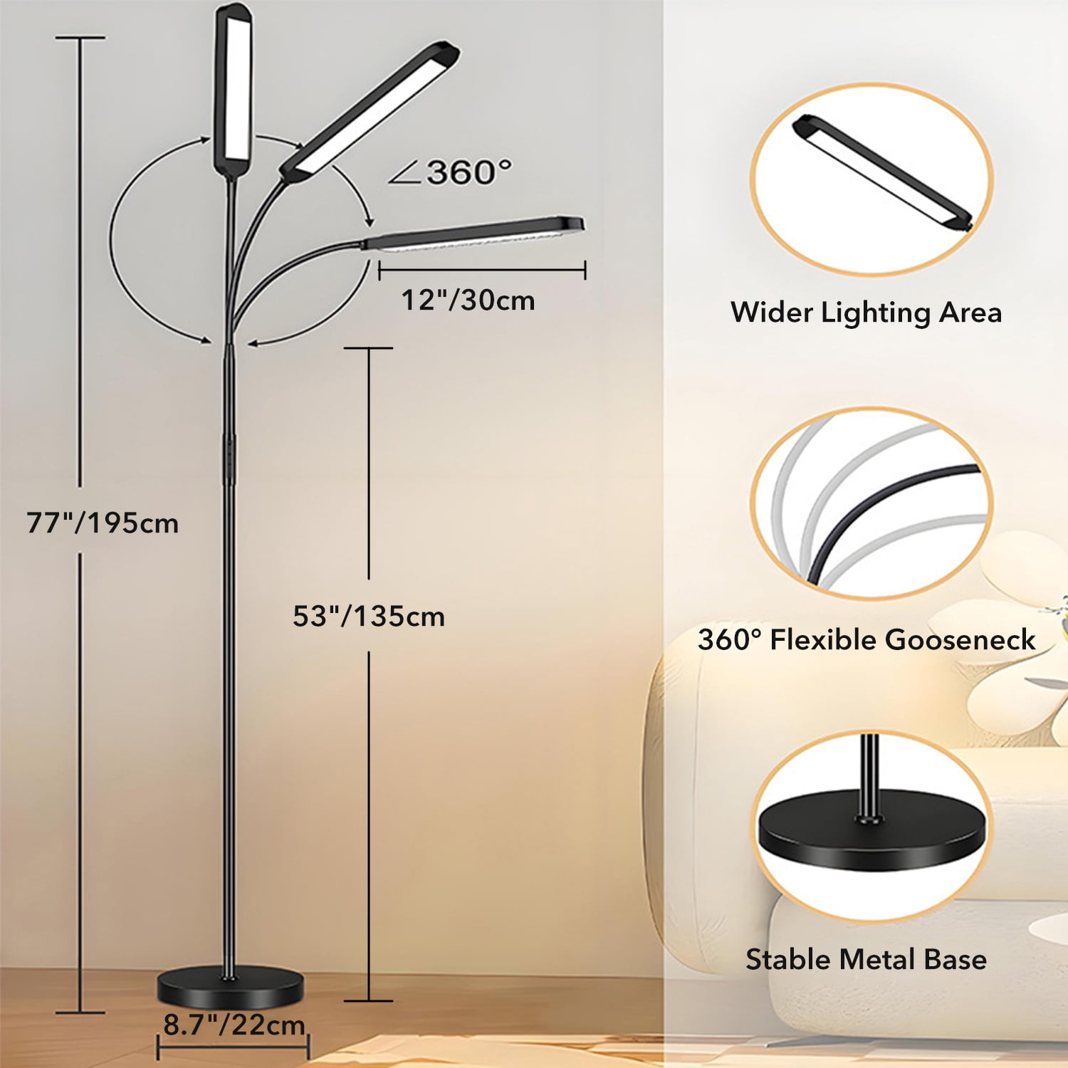 BN-LINK Floor Lamp with Timer, Standing Lamp with Remote and Touch Control, Stepless Adjustable Brightness & 3 Color Temperature, Tall Lamp for Living Room, Bedroom, Office