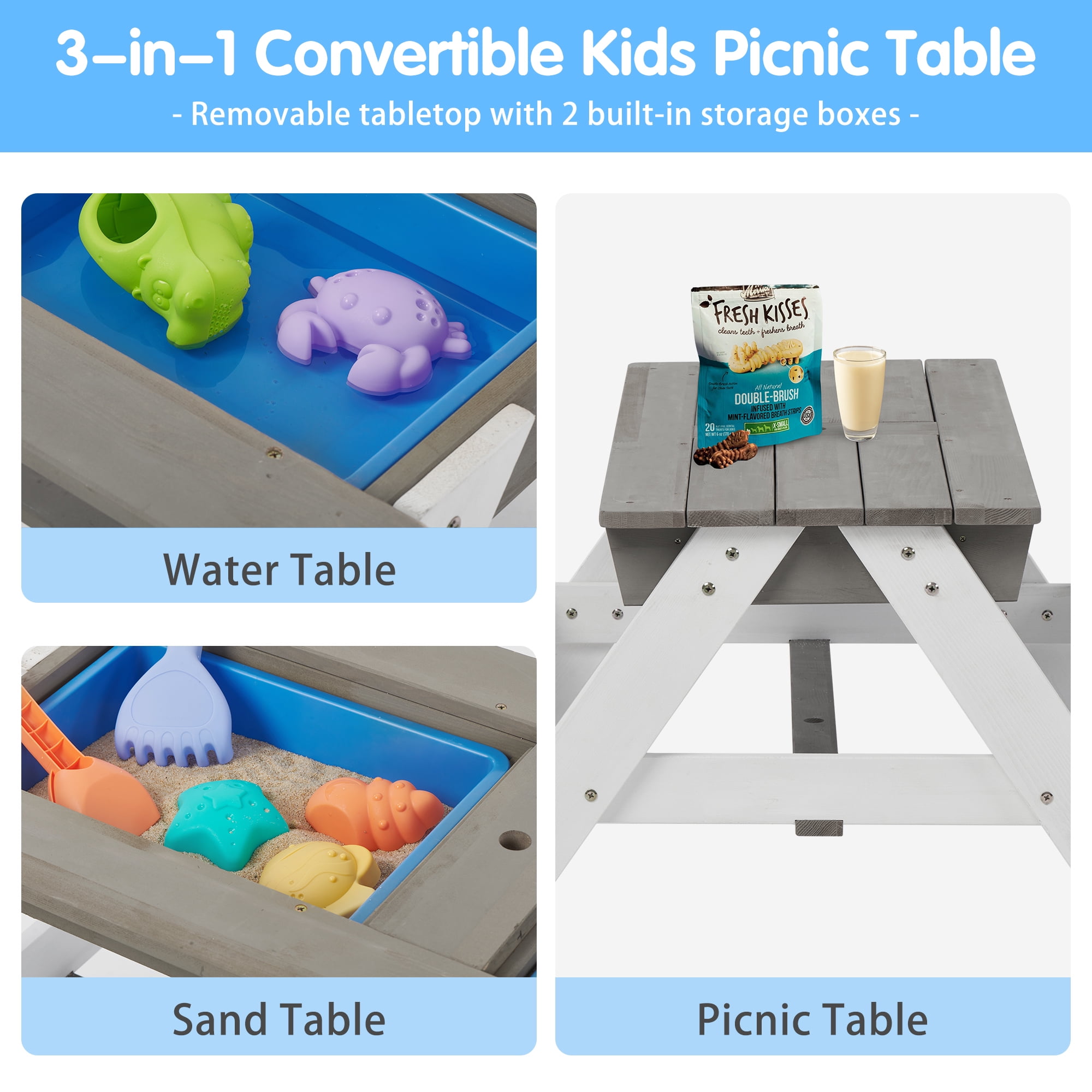 3-in-1 Kids Outdoor Wooden Picnic Table with Umbrella – Convertible Sand & Water Play Table, Gray, Natural Cedar, ASTM & CPSIA Certified, Ages 3-8