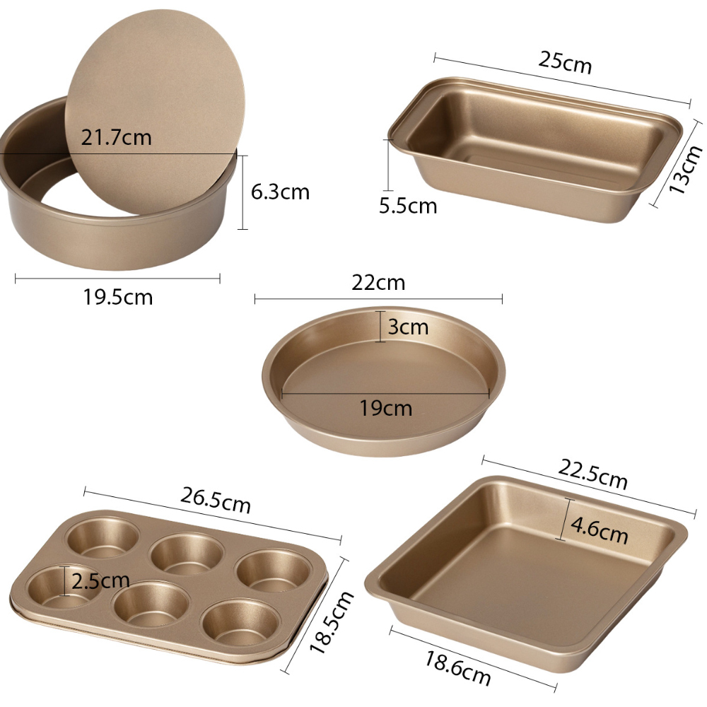 MindyLLL 5-Piece Golden Baking Set | Non-Stick Carbon Steel Cookie Sheet, Pizza Pan, Loaf Pan, Square Pan & Muffin Tin | Oven to Table Serveware