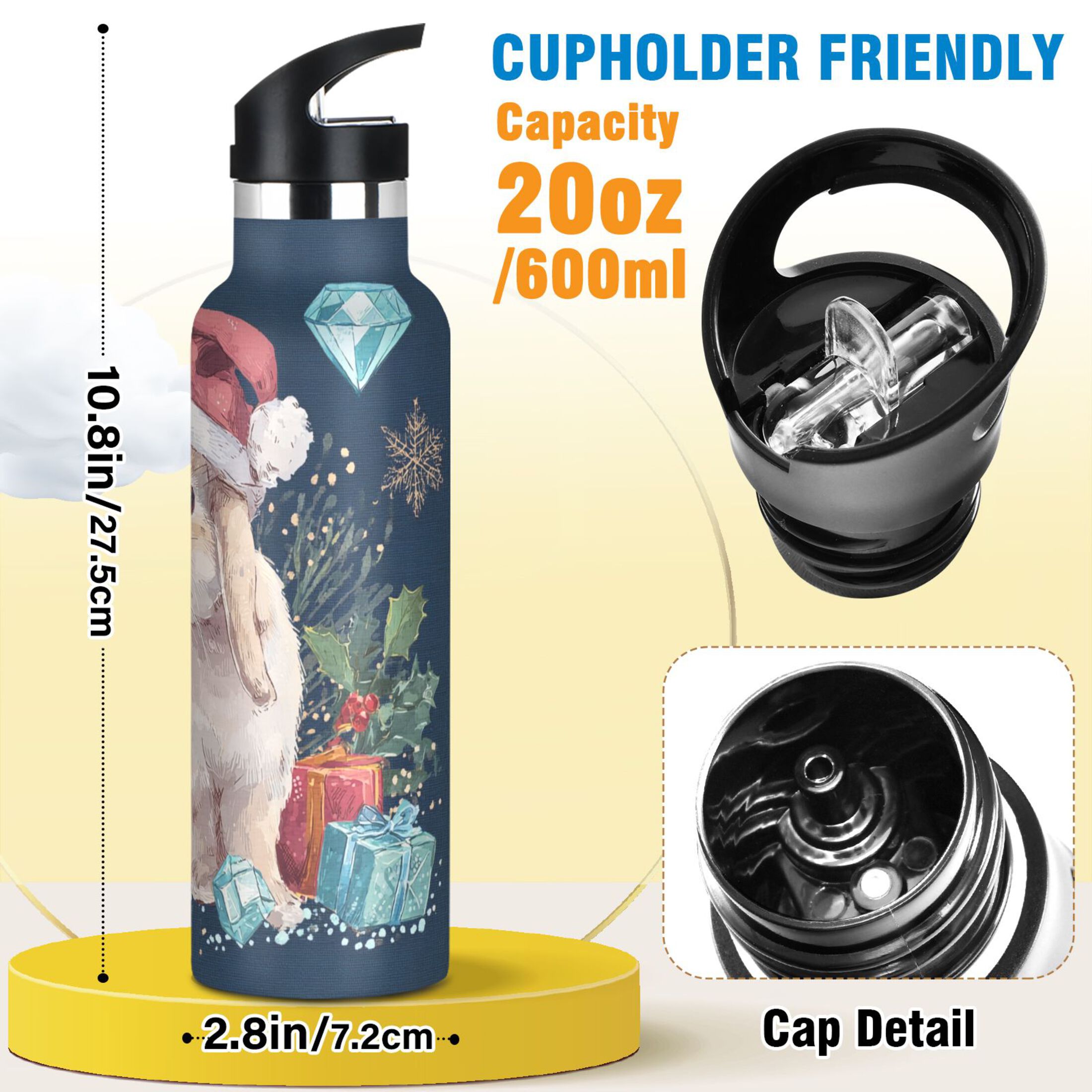 600ML Stainless Steel Insulated Cup Sports Water Bottle Portable Thermos Cup Water Glasses Insulated Tumblers Convenient and Durable Warm Christmas Cute Rabbit