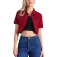 thumbnail image 1 of Chaqueta de mezclilla recortada para mujer con cuello vuelto y mangas cortas, lavada, roja, talla XS, 1 of 6