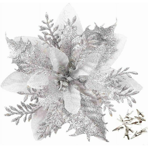 HAOSHICS Christmas Tree Decoration Xmas Flowers Set with Clips, 16 PCS Glitter Powder Hollow Leaves Artificial Christmas Flowers Hanging Party Decor Wedding Party Wreath DIY (Gold)