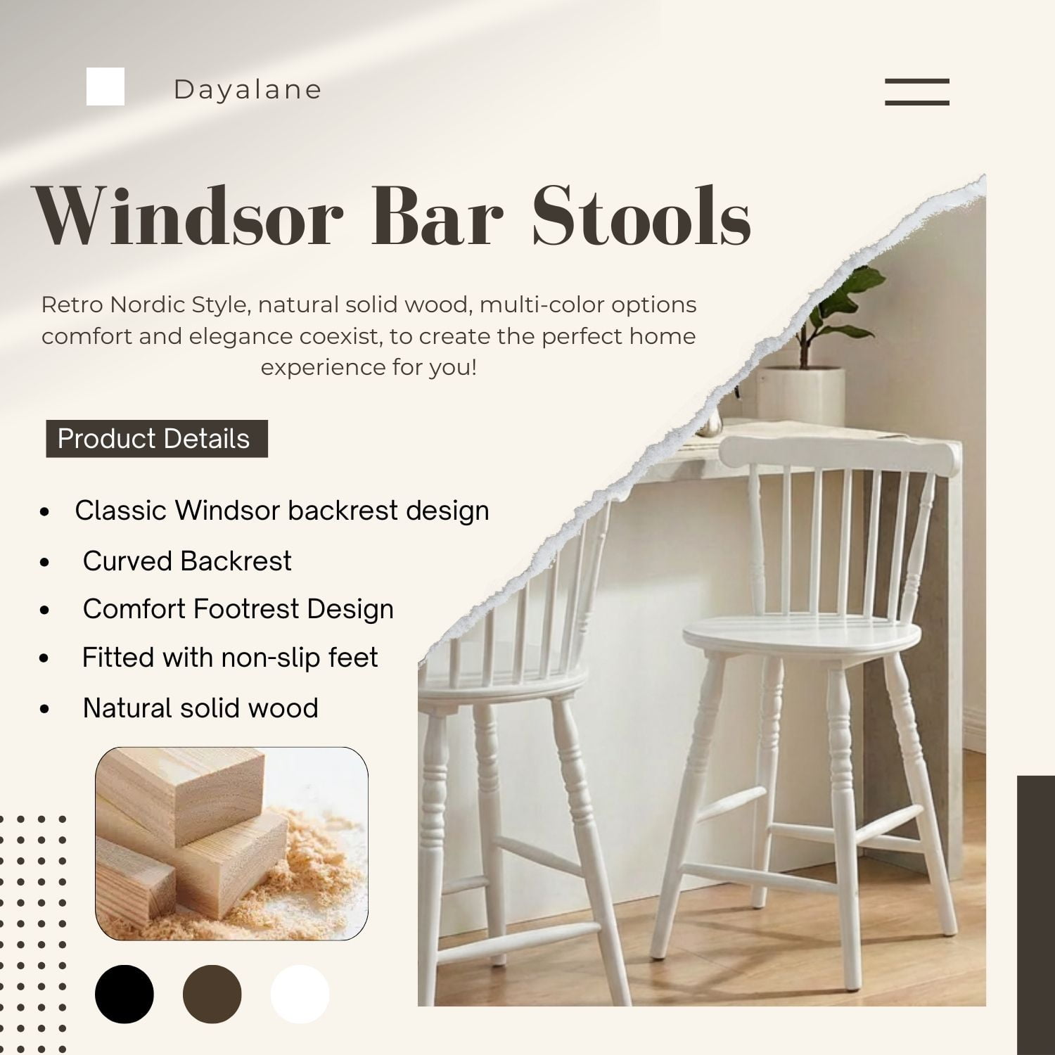 Dayalane 24" Windsor Bar Stools Set of 3, Antique-style Counter Height Barstools with Spindle Back & Turned Legs, Rustic Vintage Colonial Wooden Island chair for Kitchen/Breakfast Bar/Home Pub, White