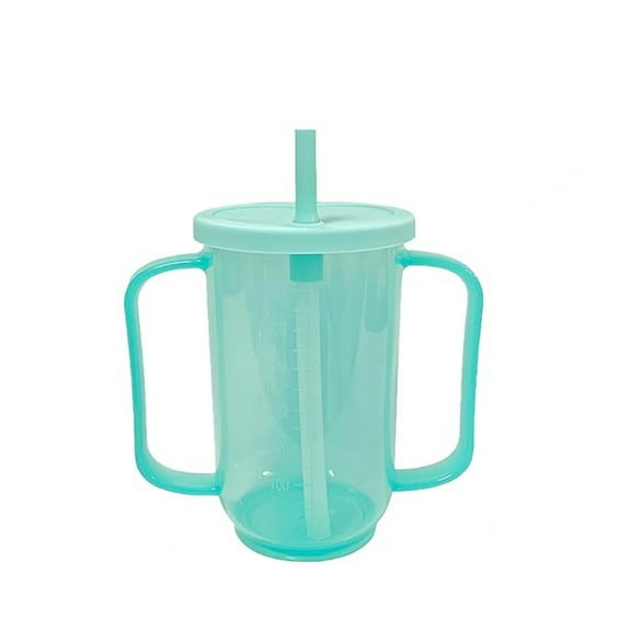 JOWNEEL 1 Pcs Adult Sippy Cups for Elderly, 12 oz Plastic Spill Proof Cups with 2 Handles Straw and Lid for Adults Hospital Disabled Dysphagia Patients (Blue)