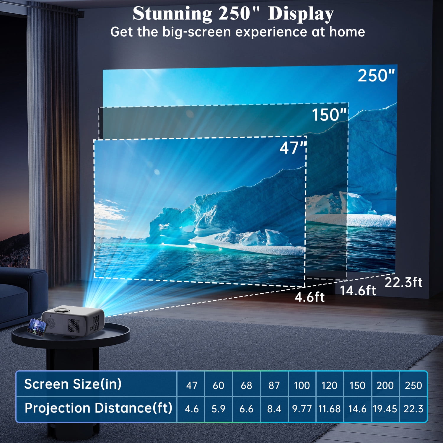 Projector with WiFi and Bluetooth, Native 1080p Projector 4K Support, Outdoor Movie Projector with Auto Focus, Smart Home Theater Projector Compatible with Android/iOS