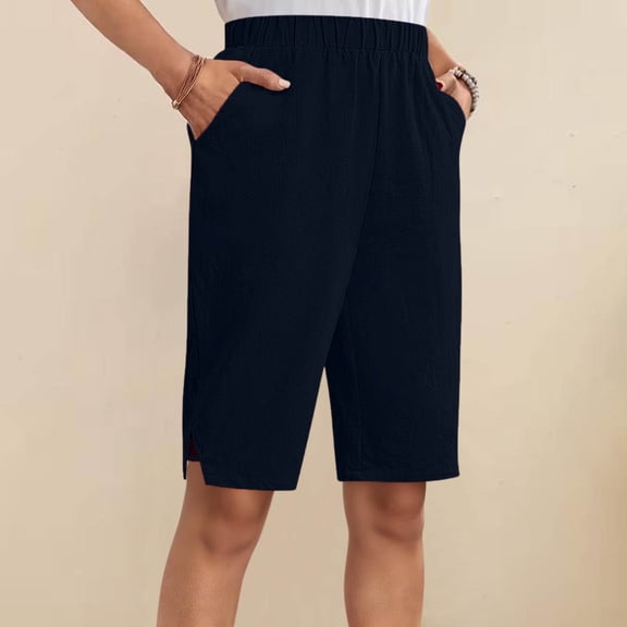 HongQid Women's Bermuda Shorts, High Waist Basic Stretch Casual Bottoms Knee Length Summer Athletic Short with Pockets