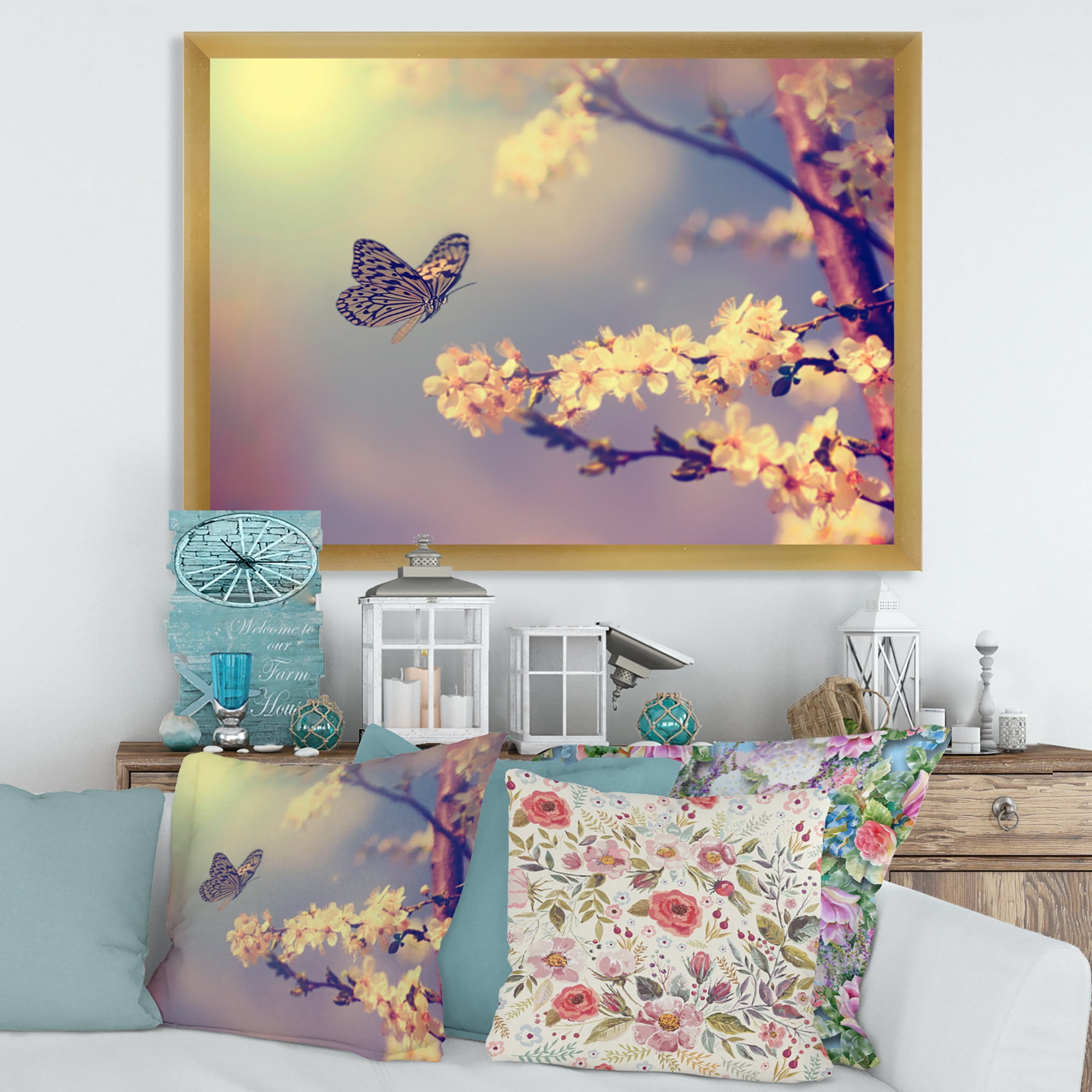 Designart 'Ancient Butterfly Flying To A White Flower' Traditional Framed Art Print