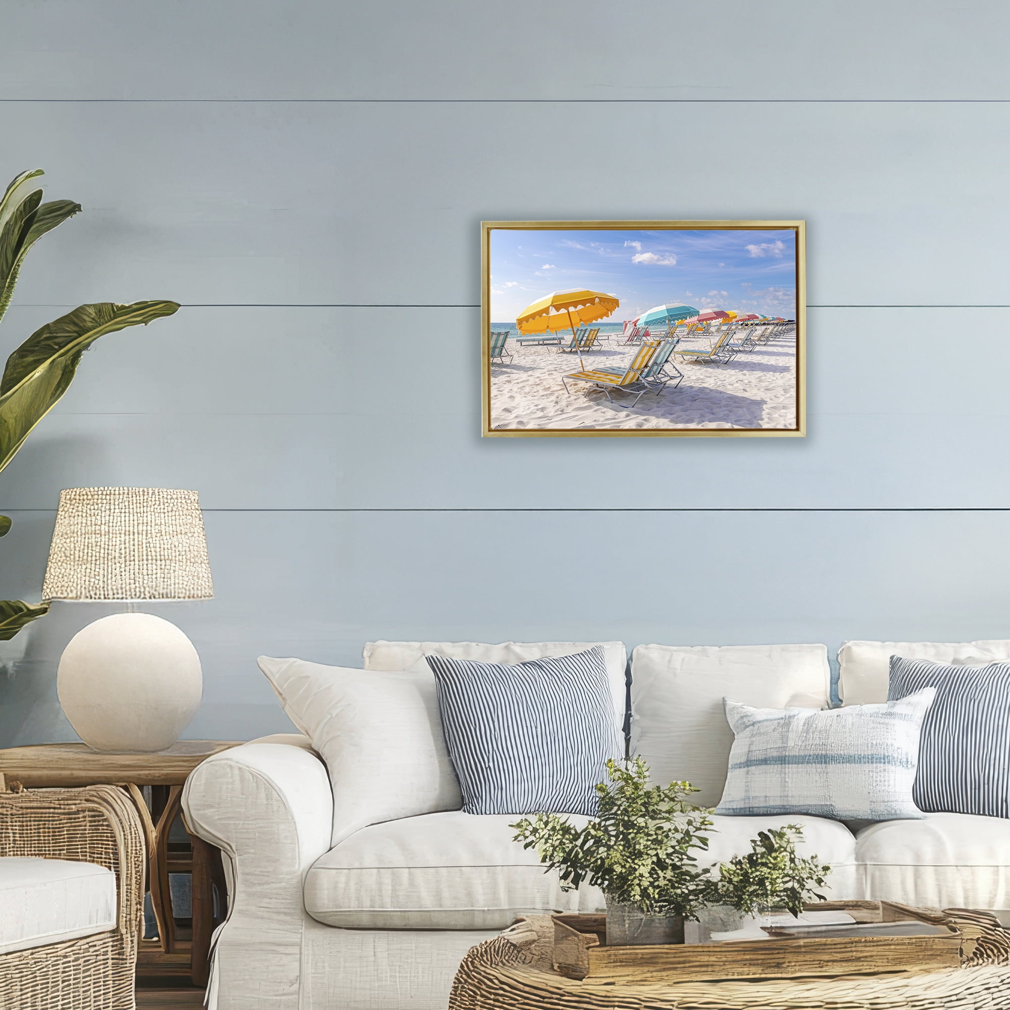 Stupell Industries Striped Umbrellas on Sunny Beach Gold Framed Floater Canvas Wall Art, design by Richard Silver