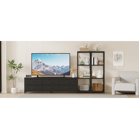 88.9" TV Stand for 75 Inch TV, Entertainment Center with Fabric Drawers & 4-Tier Open Shelves, Modern Media Console with Storage for Living Room