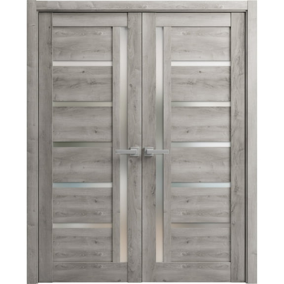 Solid French Double Doors 36 x 96 inches | Quadro 4088 Nebraska Grey with Frosted Glass | Wood Solid Panel Frame Trims | Closet Bedroom Sturdy Doors